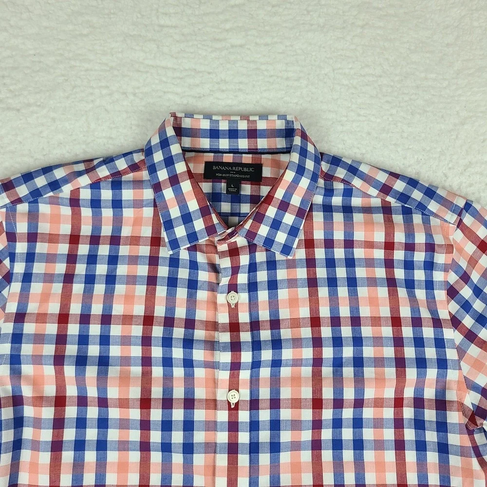 Banana Republic Shirt Mens Large Blue Red Check Non Iron Standard Fit Button‎ Up